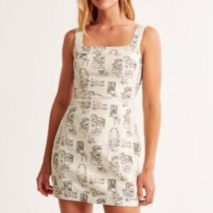 Abercrombie & Fitch linen blend Cream Graphic Strap Dress village  print italian